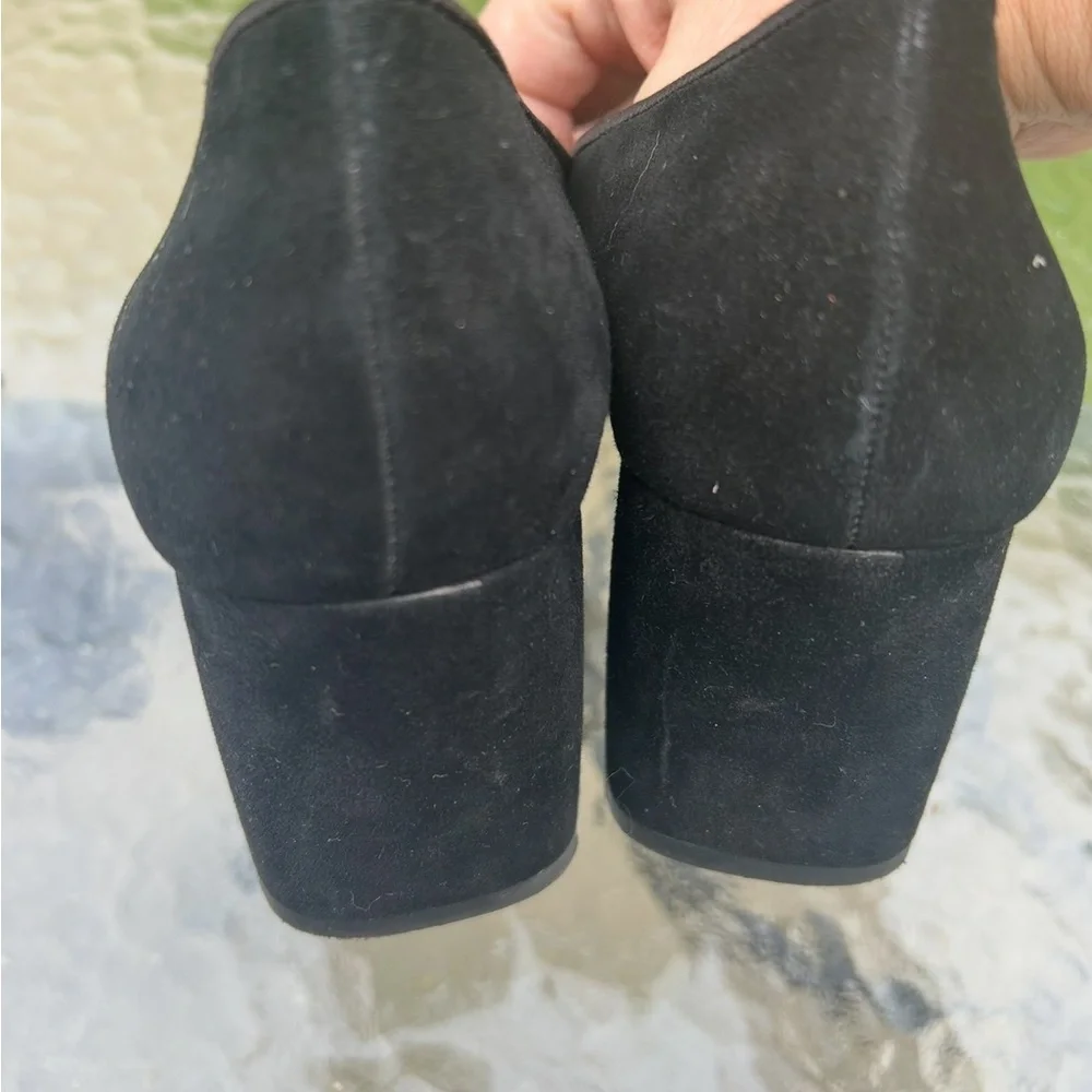 Antonio Melani 7.5 black bow faux suede block heel slip on loafers shoes